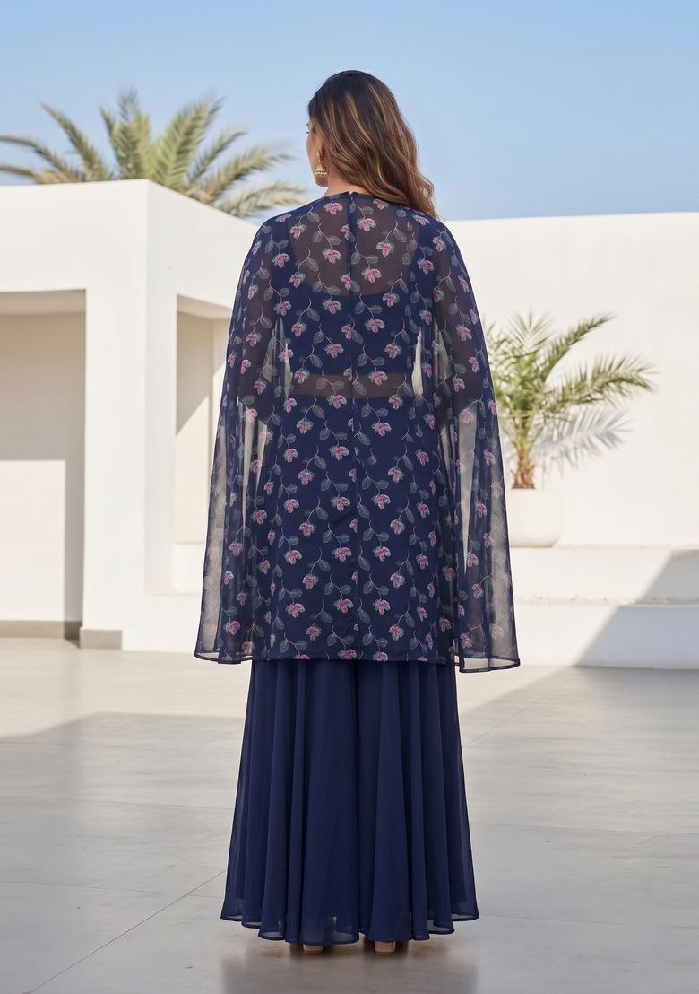 Navy Blue Printed Georgette Fusion Set - Indya