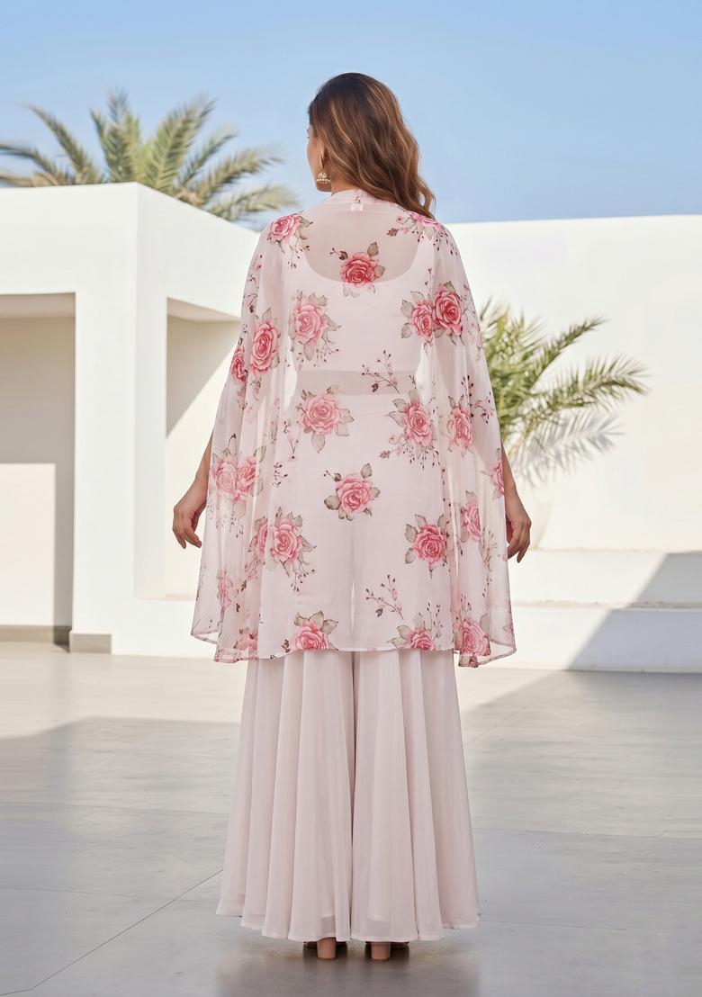 Off White Printed Georgette Fusion Set - Indya