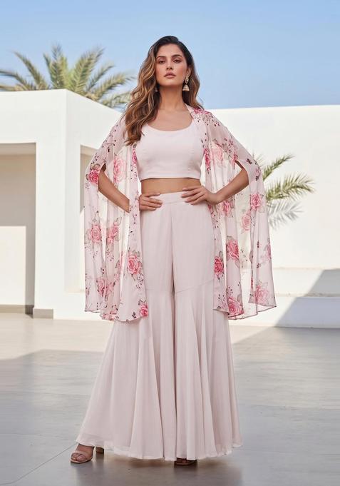 Off White Printed Georgette Fusion Set