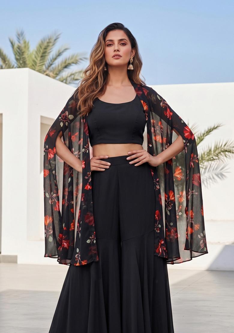 Black Printed Georgette Fusion Set - Indya