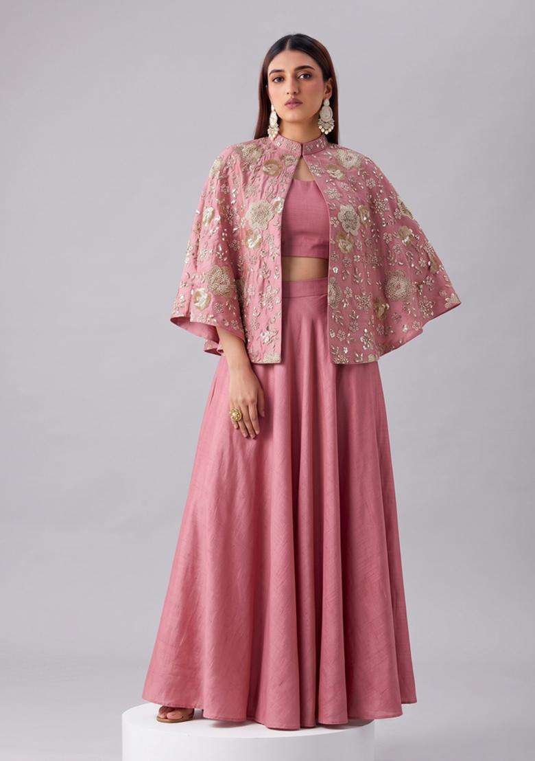 Peach Embroidered Georgette Fusion Set - Indya