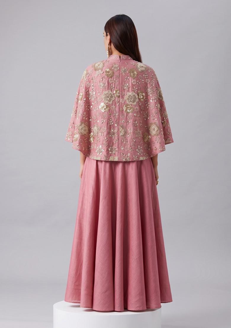 Peach Embroidered Georgette Fusion Set - Indya