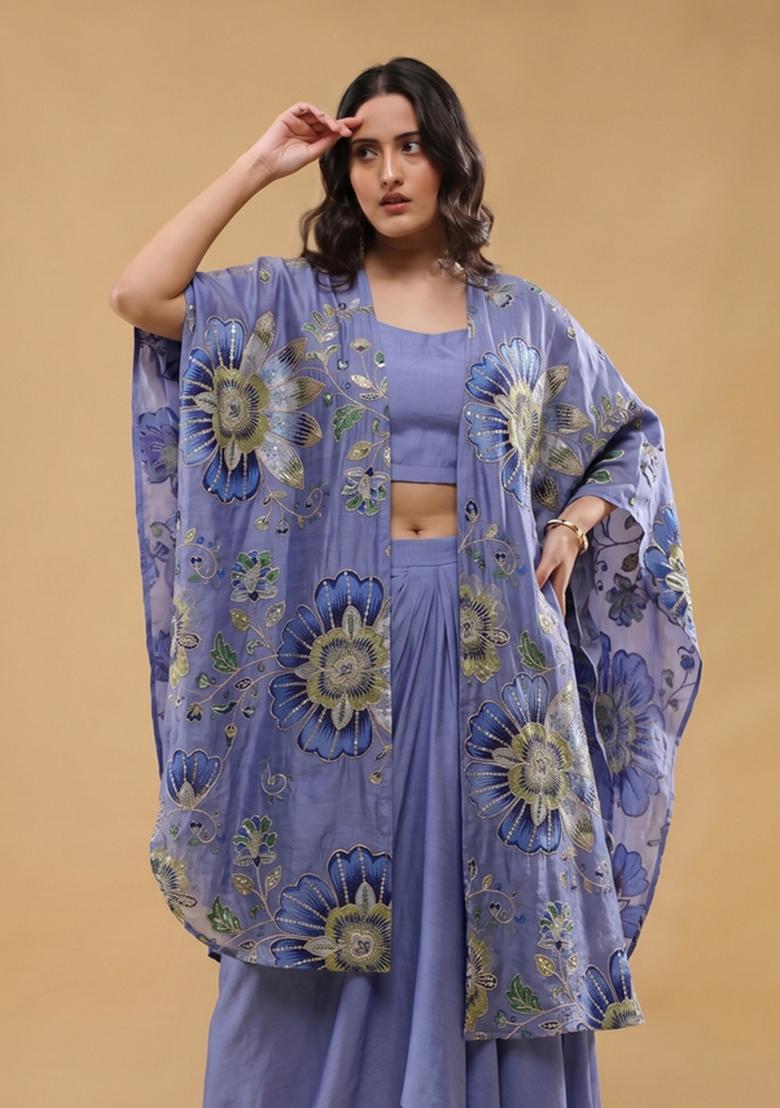 Lavender Embroidered Organza Fusion Set - Indya