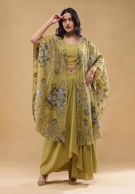 Olive Green Embroidered Organza Fusion Set