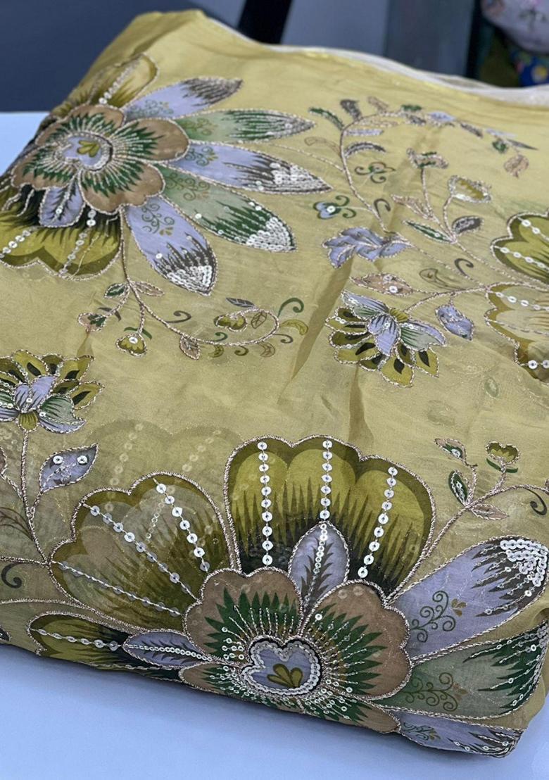 Olive Green Embroidered Organza Fusion Set - Indya