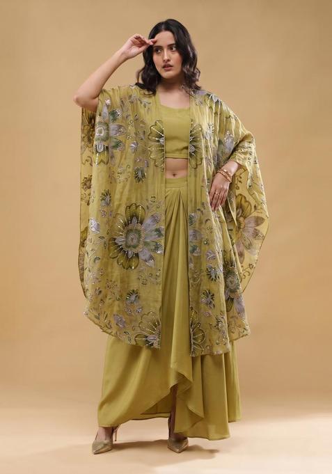 Olive Green Embroidered Organza Fusion Set