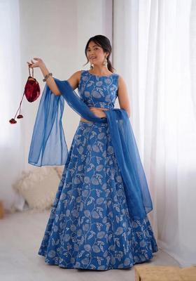 Royal Blue Printed Organza Lehenga Set