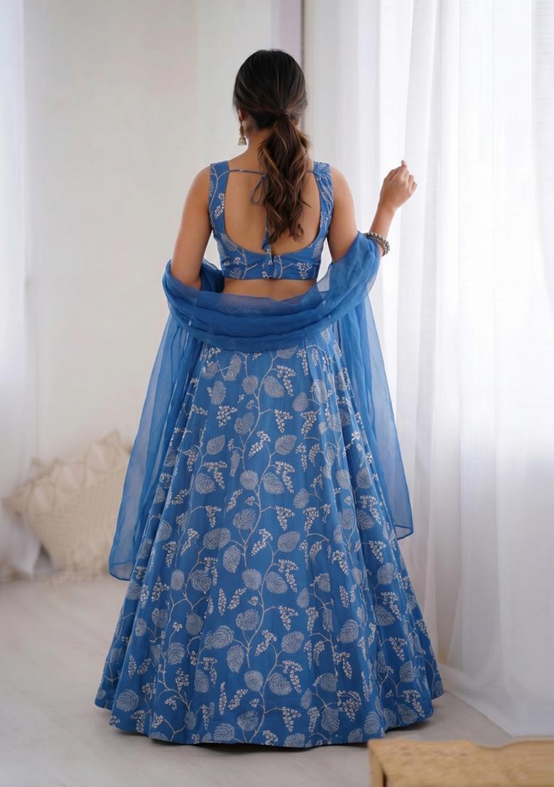 Royal Blue Printed Organza Lehenga Set - Indya