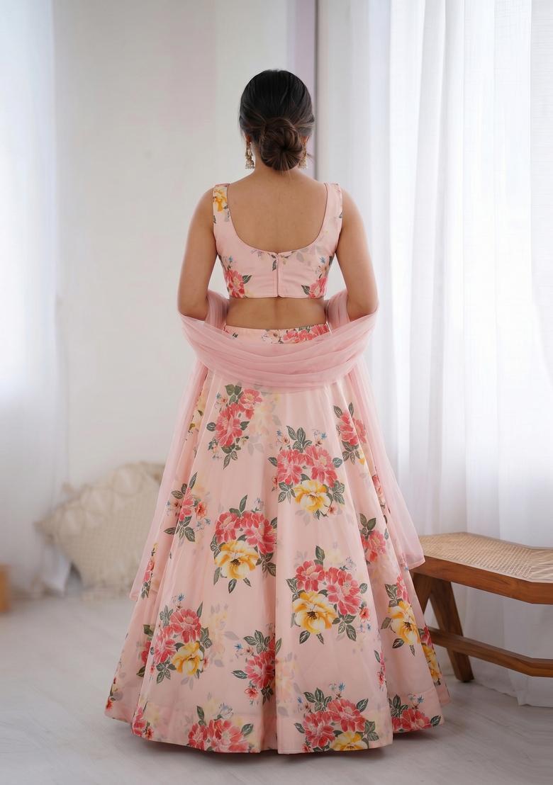 Light Pink Printed Organza Lehenga Set - Indya
