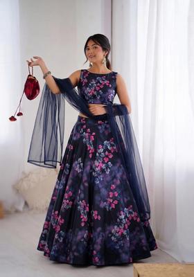 Navy Blue Printed Organza Lehenga Set