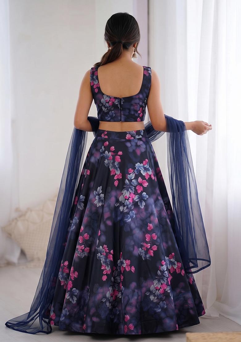 Navy Blue Printed Organza Lehenga Set - Indya