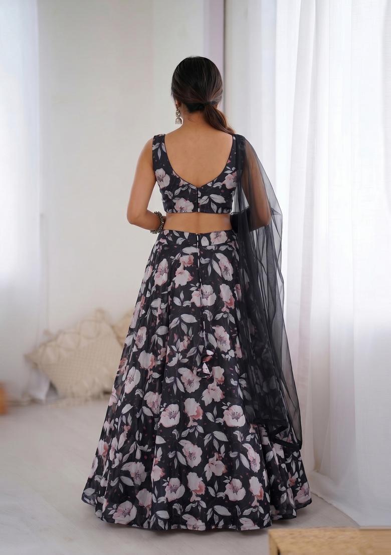 Black Printed Organza Lehenga Set - Indya