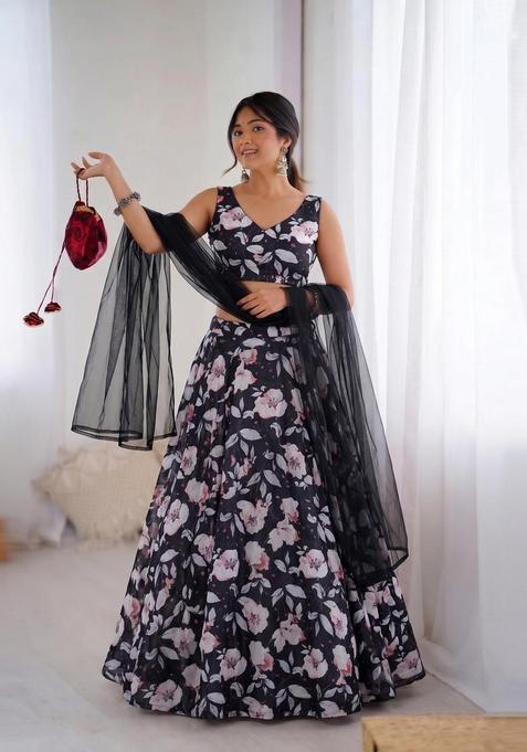 Black Printed Organza Lehenga Set