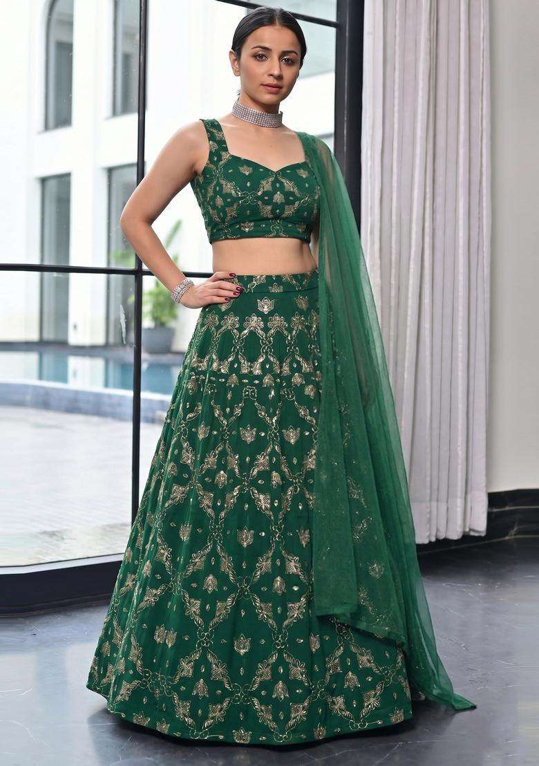 Bottle Green Embroidered Georgette Lehenga Set - Indya