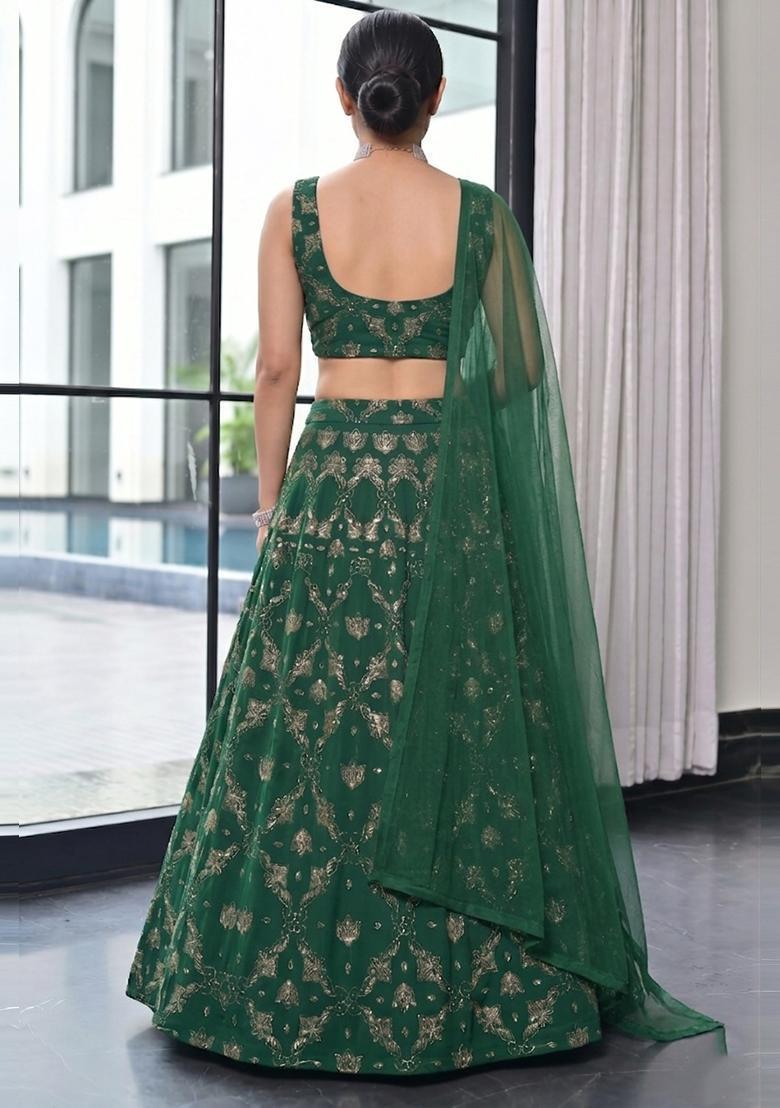 Bottle Green Embroidered Georgette Lehenga Set - Indya