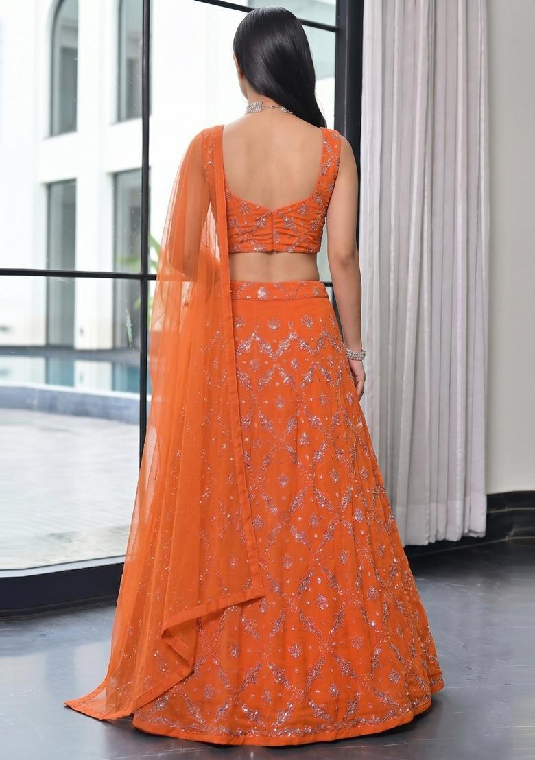 Coral Embellished Georgette Lehenga Set - Indya