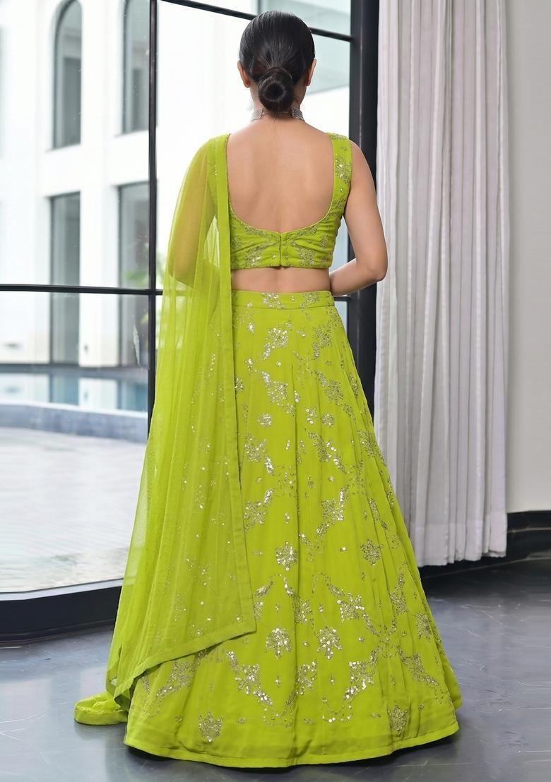 Lime Green Sequin Georgette Lehenga Set - Indya