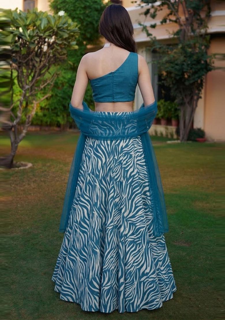 Teal Blue Solid Lehenga Set - Indya