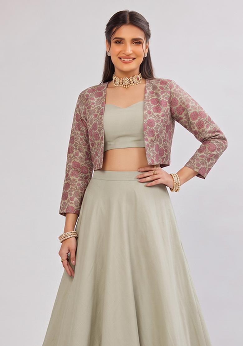 Grey Silk Blend Lehenga Set - Indya