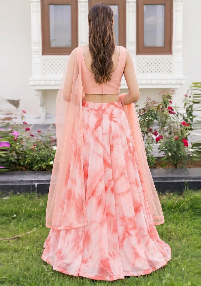 Peach Solid Georgette Lehenga Set - Indya