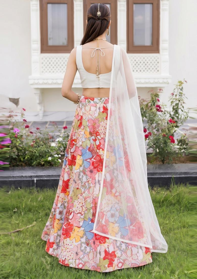 White Solid Georgette Lehenga Set - Indya