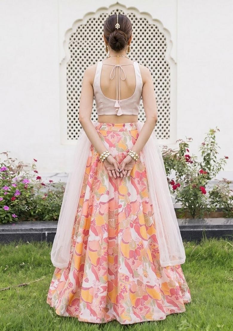 Ivory Solid Georgette Lehenga Set - Indya