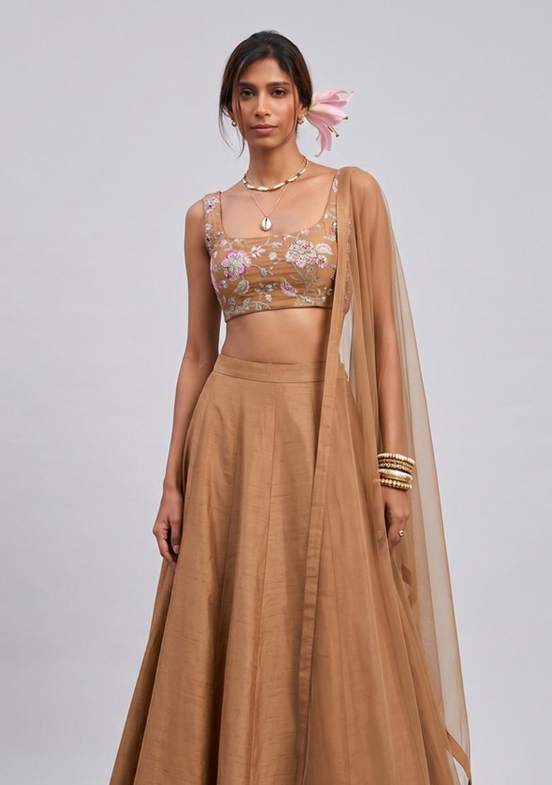 Beige Printed Crepe Lehenga Set - Indya