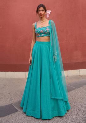 Teal Blue Printed Crepe Lehenga Set