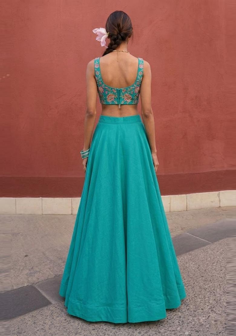 Teal Blue Printed Crepe Lehenga Set - Indya