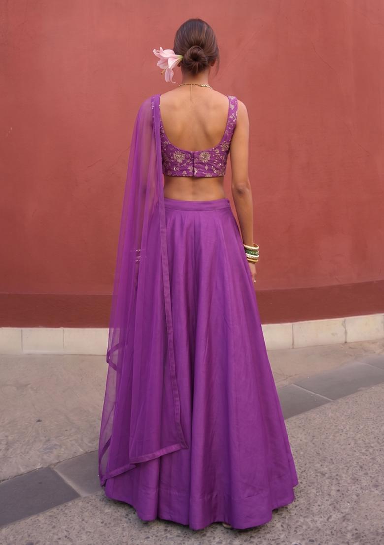 Purple Printed Crepe Lehenga Set - Indya