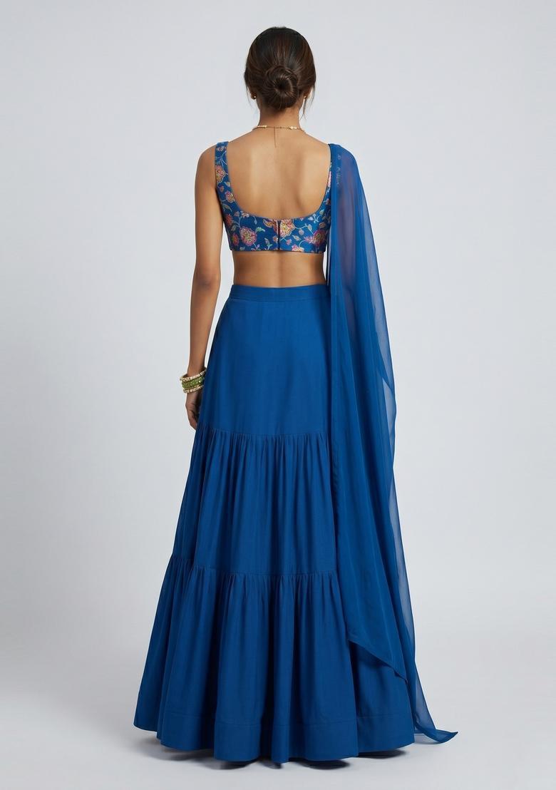 Royal Blue Printed Crepe Lehenga Set - Indya