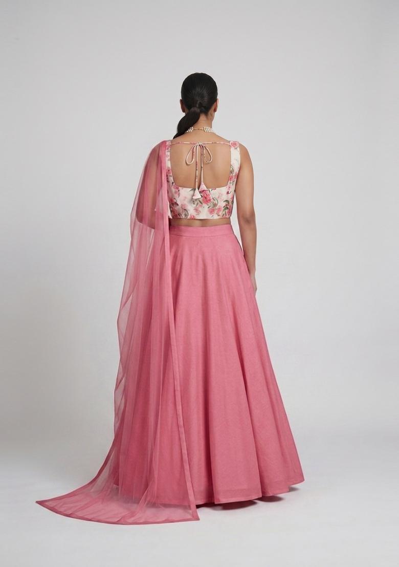 Off White Printed Georgette Lehenga Set - Indya