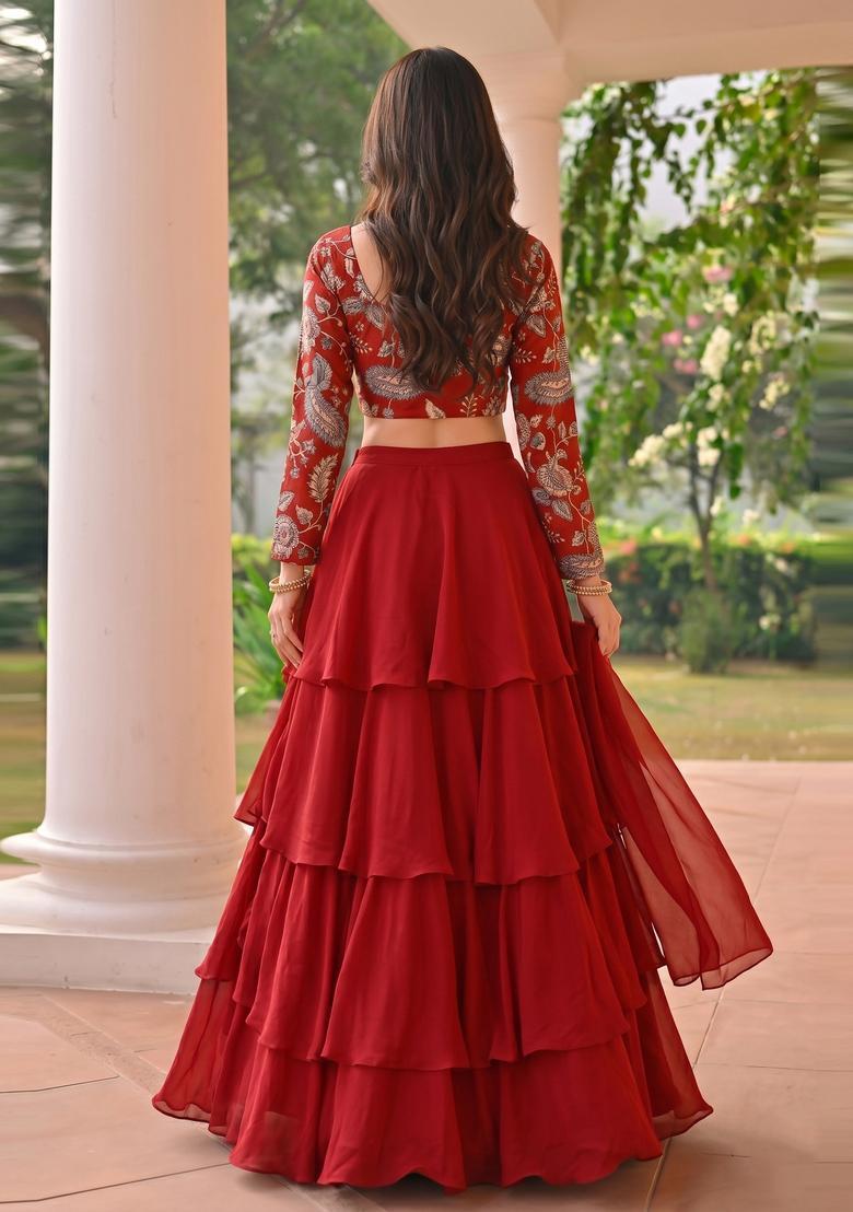 Red Printed Silk Blend Lehenga Set - Indya