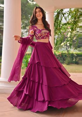 Magenta Printed Silk Blend Lehenga Set