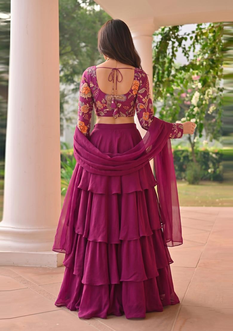 Magenta Printed Silk Blend Lehenga Set - Indya