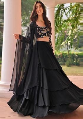 Black Printed Silk Blend Lehenga Set