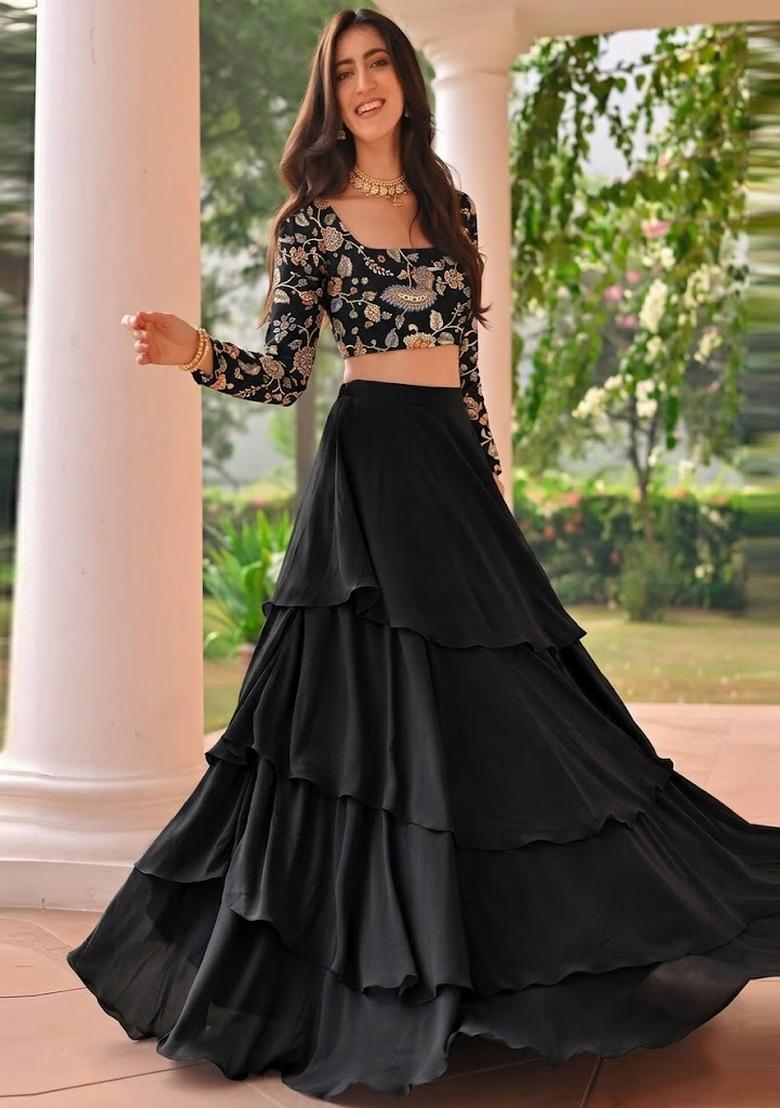 Black Printed Silk Blend Lehenga Set - Indya