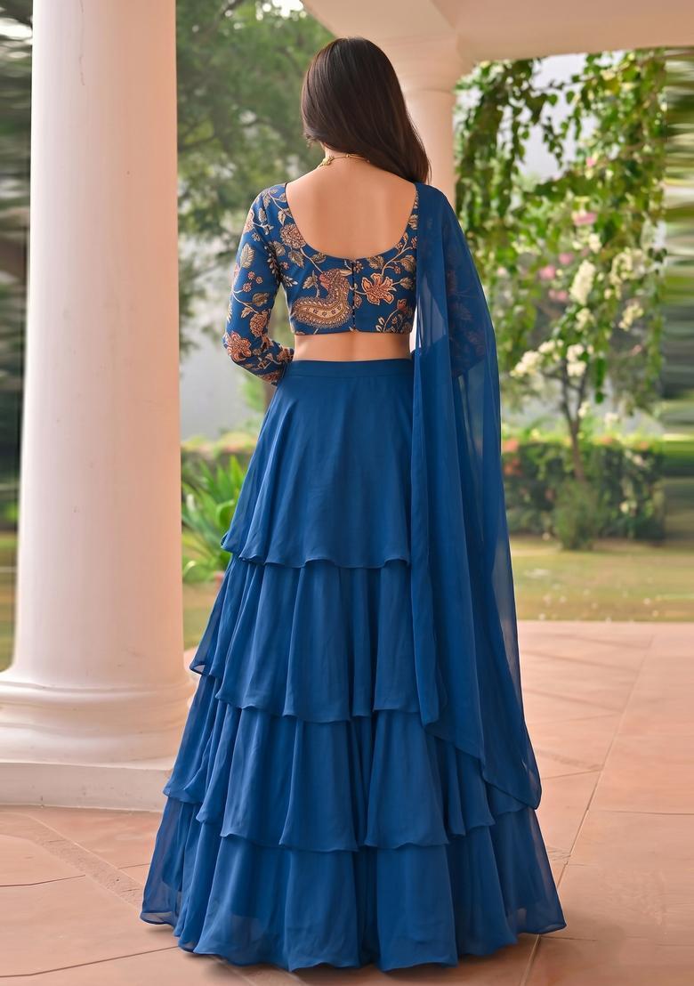 Royal Blue Printed Silk Blend Lehenga Set - Indya