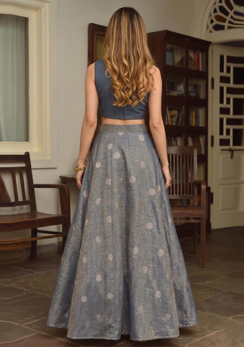 Steel Blue Solid Silk Blend Lehenga Set - Indya