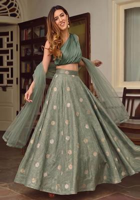 Sage Green Solid Silk Blend Lehenga Set