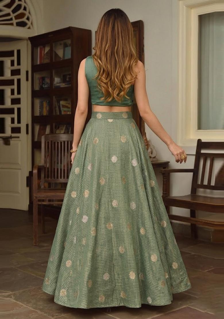 Sage Green Solid Silk Blend Lehenga Set - Indya