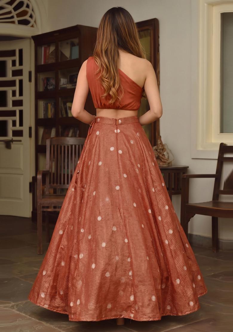 Rust Solid Silk Blend Lehenga Set - Indya
