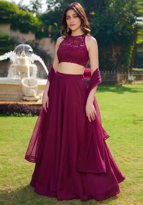 Wine Embroidered Chanderi Lehenga Set