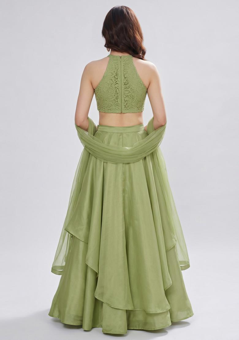 Pastel Green Embroidered Chanderi Lehenga Set - Indya