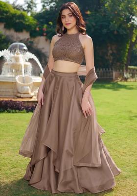 Brown Embroidered Chanderi Lehenga Set