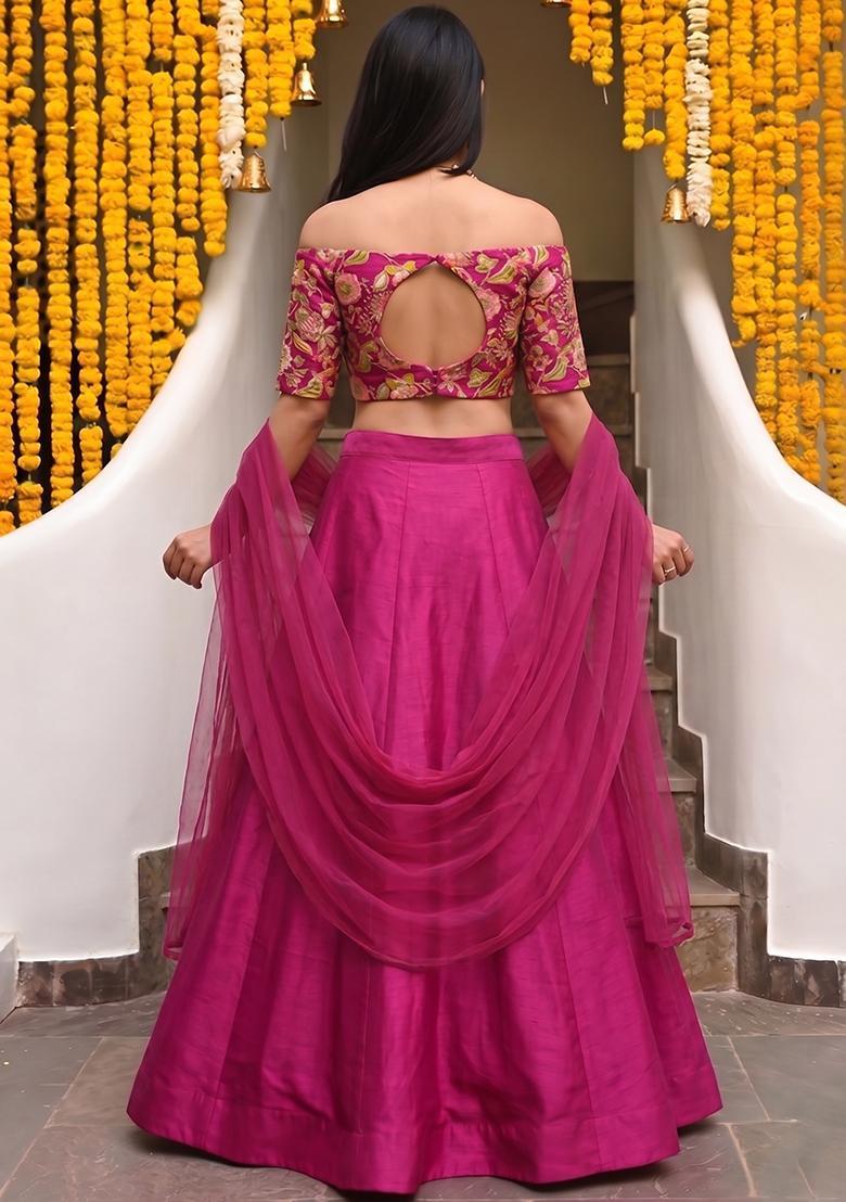 Magenta Embroidered Silk Blend Lehenga Set - Indya