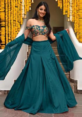 Teal Embroidered Silk Blend Lehenga Set