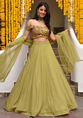 Pastel Green Embroidered Silk Blend Lehenga Set