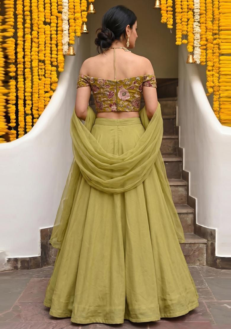 Pastel Green Embroidered Silk Blend Lehenga Set - Indya