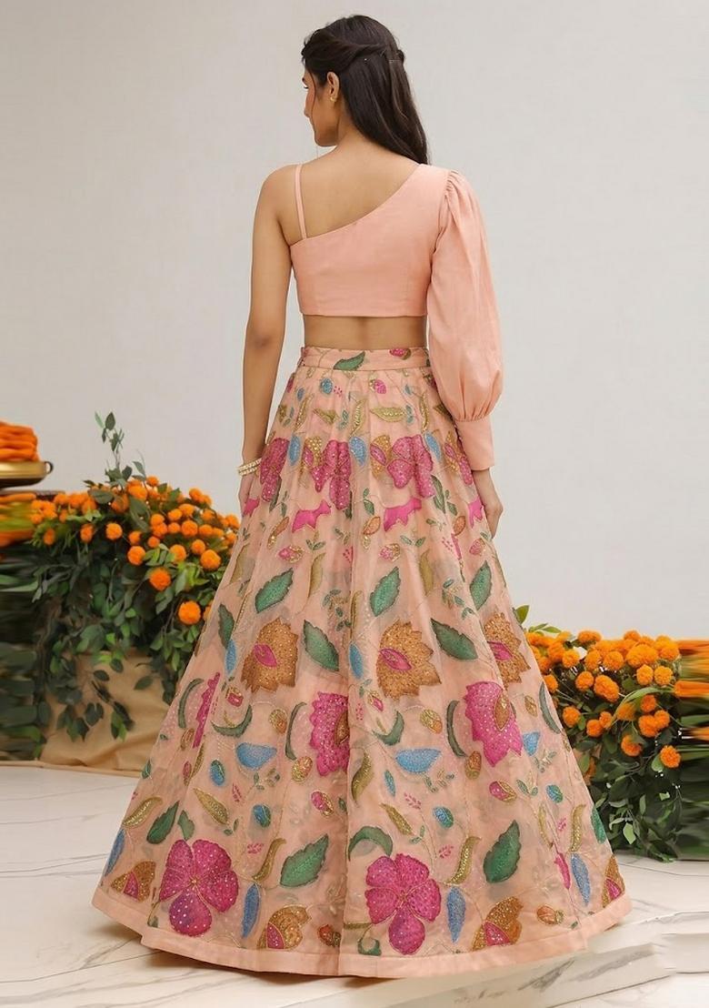 Peach Solid Organza Lehenga Set - Indya